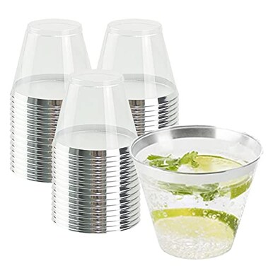 QPEY 50 Pack Silver Rimmed Plastic Cups9 Oz Premium Silver Disposable Party Cups Clear Hard Plastic Wine Glasses for Holiday GatheringWeddingThanksgivingChristmas Elegant Disposable Party Cups