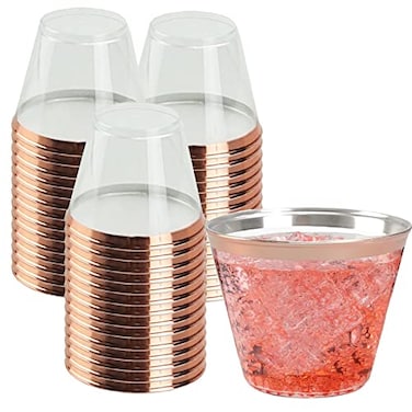 QPEY 50 Pack Rose Gold Rimmed Plastic Cups9 Oz Premium Rose Gold Disposable Party Cups Clear Hard Plastic Wine Glasses for Holiday GatheringWeddingElegant Disposable Party Cups