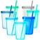 Youngever 7 Sets Plastic Kids Cups with Lids and Straws 7 Reusable Toddler Cups with Straws in 7 Coastal Colors