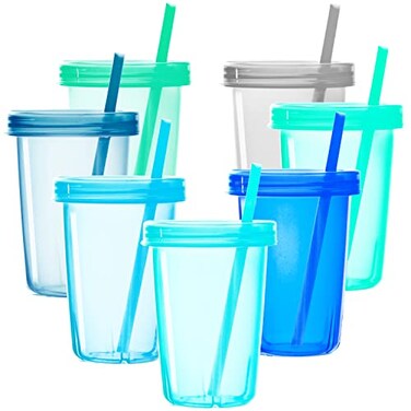 Youngever 7 Sets Plastic Kids Cups with Lids and Straws 7 Reusable Toddler Cups with Straws in 7 Coastal Colors