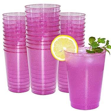 Homy Feel 12 Oz Pink Glitter Plastic Cups 50PCS Disposable Cocktail Wine Cups for Wedding Valentines Day