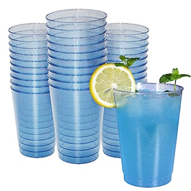 Homy Feel 12 Oz Blue Glitter Plastic Cups 50PCS Disposable Cocktail Wine Cups for Wedding Party