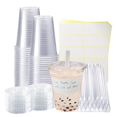 Xlong 50 Sets Clear Plastic Cups With Flat Lids16oz Disposable Iced Coffee Cups with Straws and StickersPlastic Cups for Iced CoffeeCold DrinksJuice Bubble Boba TeaSmoothie Milkshake