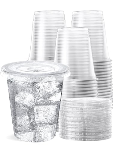 SHOPDAY Disposable Plastic Cups with Lids 8 oz Clear Plastic Cups 100 Pack Cold Drink Containers Party Cups for Beverage Coffee Soda Juice Smoothie
