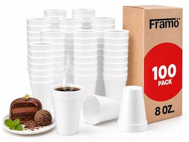 Framo 8 Oz Foam Coffee Cups 100 Pack Disposable Insulated Hot Drinkware for Home Office or Church Sturdy White Foam Cups Serving Hot and Cold Beverages Drink Service Daily Ideal in Breakrooms