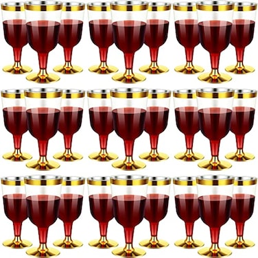 CHENGU 100 Pcs Plastic Wine Glasses 7 oz Gold Rimmed Mini Stemware with Removable Base for Wedding Parties Birthday Anniversary Champagne Toastinggold