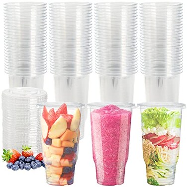 TOPZEA 50 Pack Clear Plastic Cup with Flat Lid for Iced Coffee 32oz PE Plastic Drinking Cup Large Disposable Parfait Fruit Cups Perfect for Cold Drink Smoothie Milkshake Dessert