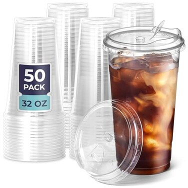 Fit Meal Prep 50 Pack 32 oz Clear Plastic Cups with Strawless Sip Lids Disposable Plastic Coffee Cups with Lids To Go Cups for Iced Coffee Smoothies Soda Party Drinks Bubble Tea Cold Beverage