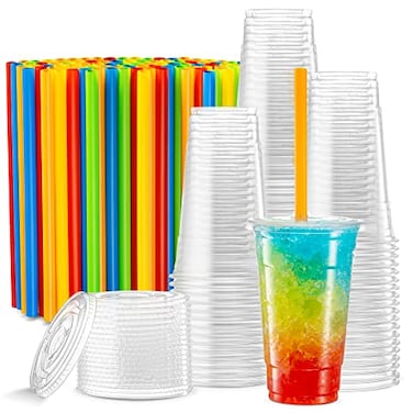 ELEGANT DISPOSABLES 40 Sets 24 Oz Crystal Clear PET Plastic Cups With Flat lids Straws for Iced Coffee Cold Drinks Milkshake Slush Cup Smoothys Slurpee Partys Plastic Disposable Cups