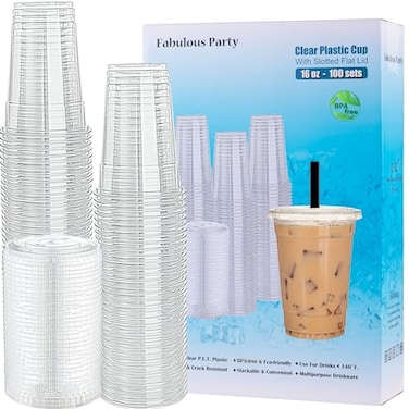 Fabulous Party 100 Sets BPA Free 16 Oz Plastic Cups with Lids Premium PET Crystal Clear Cups Ice Coffee Cups with Cover Clear Disposable Cups for Smoothie Juice Bubble Tea Soda Cold Drink