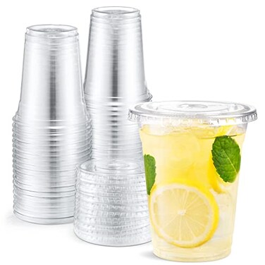 Eupako 12 oz Plastic Cups with Lids 100 Sets Clear Disposable Plastic Party Cups with Flat Lids to Go for Cold Drink Smoothie Milkshake