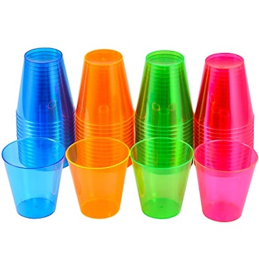 QIANQUEYUE 250 Count Disposable Plastic Shot Glasses 1oz Neon Multicolor Party Cups Hard Plastic Disposable Cups for Margarita Whiskey Tasting Great for Weddings Birthdays Bars Events