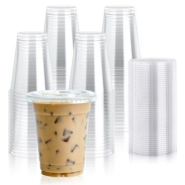 Lilymicky 90 Sets 16 oz Clear Plastic Cups With Flat Lids 16 Ounce Disposable Drinking Cups With Lids for Ice Coffee Smoothie Slurpee or Any Cold Drinks