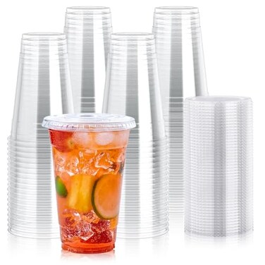 Lilymicky 90 Sets 20 oz Clear Plastic Cups With Flat Lids Disposable Drinking Cups 20 oz Plastic Cups for Ice Coffee Smoothie Slurpee or Any Cold Drinks