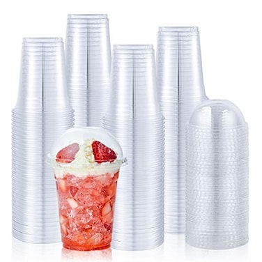 Lilymicky 100 Sets 12 oz Clear Plastic Cups With Dome Lids Disposable Plastic Drinking Cups 12 oz Parfait Cups for Ice Coffee Smoothie Bubble Boba