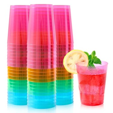 QIANQUEYUE 100 Count 10oz Disposable Tumblers Neon Cups for Party 10oz Disposable Hard Multicolor Plastic Cups Plastic Margarita Glasses 10 ounces