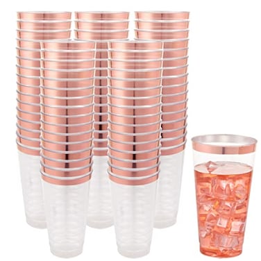 LIYH Love LIYH 100 Pcs Rose Gold Plastic Cups 16 oz Clear Plastic Tumblers Rose Gold Rimmed Cups Fancy Disposable Wedding Cup Elegant Party Drinking Cup 480ml