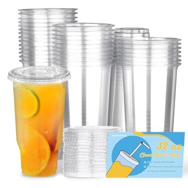 BALDCC 32 oz 50 Pack Crystal Clear Plastic Cups with Lids Oversized Disposable Clear Cups Flat Cover Pluggable Straw for Smoothie Iced CoffeeMilkshake Any Cold Drink