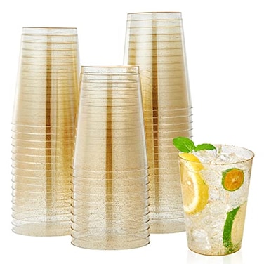 JOLLY CHEF 100 Pack 10 oz Gold Glitter Plastic Party Cups Disposable Plastic Tumblers Gold Drinking Glasses with Glitter Suitable for Wedding Thanksgiving Day Christmas Halloween