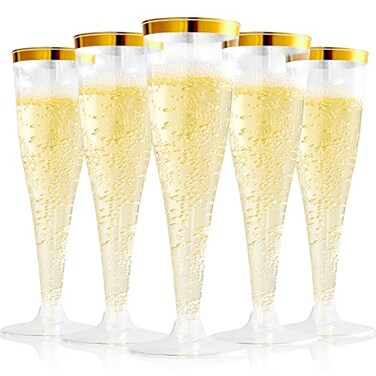FOCUSLINE 100 Pack Plastic Champagne Flutes 45 Oz Gold Rim Plastic Champagne Glasses Disposable Clear Toasting Glasses Recyclable Champagne Cups for Wedding Party