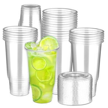 Hssugi 32oz Clear Plastic Cups with Lids 40 Count Disposable Drinking Cups for Cold Drinks Dessert Ice Cream Iced Coffee Milk Tea