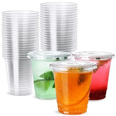 Poever 8 oz Plastic Cups with Lids 100 Pack Disposable Clear Cups with Straw Slot Lids for Lemonade Coffee Smoothie Cold Drink Containers Togo Cup