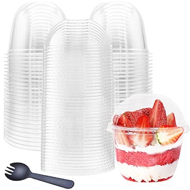 Alaeseje 50 Pack 10oz Plastic Cups with Dome LidsNo Hole and SporksDisposable PET Parfait CupsCrystal Dessert Cups for PuddingSnacksIce CreamYogurt