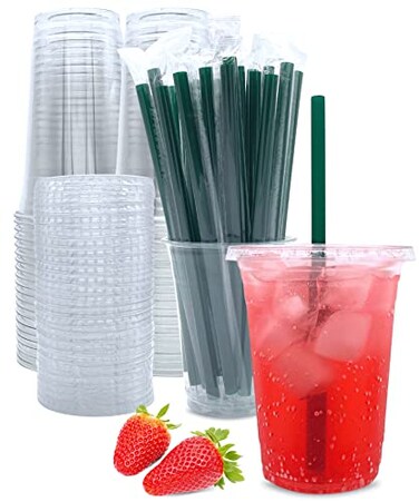Aatriet 50 Sets 16 oz Clear Plastic Cups with Lids and Straws Disposable Coffee Cups