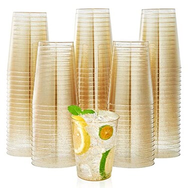 JOLLY CHEF 200 Pack 10 oz Gold Glitter Plastic Party Cups Disposable Plastic Tumblers Gold Drinking Glasses with Glitter Suitable for Wedding Thanksgiving Day Christmas Halloween