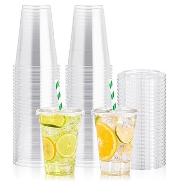 JOLLY PARTY 100Pack 16 oz Clear Plastic Cups With Flat Lids Disposable Clear Cups with Straw Slot Lids Crystal Clear Disposable Drinking Cup for Juice Ice Cream Milkshake Iced Coffee Cold Drink