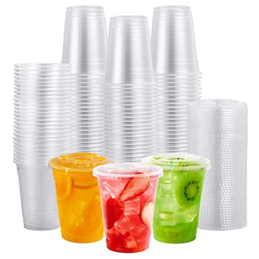 FOCUSLINE 200 PACK 12oz Clear Plastic Cups Disposable Cold Drinking Cups 12 Ounce Clear Cups with Flat Lids with Holes for Smoothie Milkshake Bubble Tea Parfait