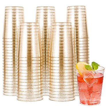 JOLLY CHEF 100 Pack 10 oz Gold Plastic Cups Disposable Gold Glitter Cups Clear Plastic Tumblers Perfect for Weddings Christmas Parties