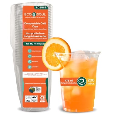 ECO SOUL 200 Pack Compostable Party Cups 16 oz PlantBased Disposable Clear Cold Cup for Wine Coffee Smoothie Soda Drinks Cocktail Parties Birthdays NonToxic BPAFree Zero Plastic Glass