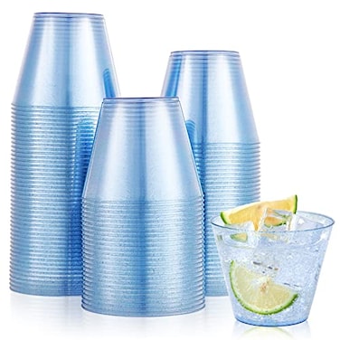 JOLLY CHEF 100 Pack 9 oz Blue Plastic Cups Disposable Cups Tumblers Elegant Blue Glitter Party Glasses for Wedding Thanksgiving Day Christmas Halloween