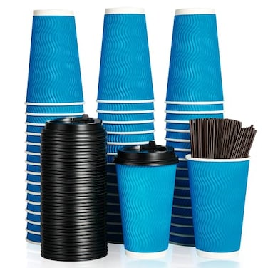 DAILYPACK 80 Count 16 oz Coffee Cups with Lids and Straws Insulated Ripple Wall Paper Hot Coffee Cups for Home Office Hotel Meetings Parties
