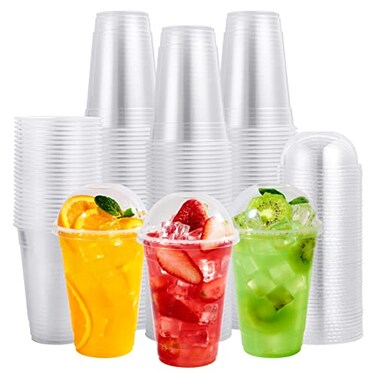 FOCUSLINE 200 PACK 16oz Clear Plastic Cups with Lids Disposable Cold Drinking Cups 16 Ounce Large Clear Cup with Dome Lids with Holes for Smoothie Milkshake Bubble Tea Parfait