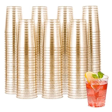 JOLLY CHEF 200 Pack 10 oz Gold Plastic Cups Disposable Gold Glitter Plastic Cups Clear Tumblers for Weddings Thanksgiving Christmas Parties