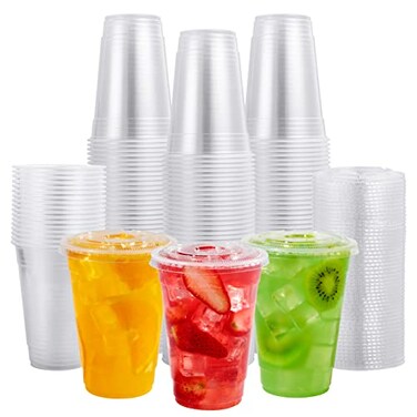 FOCUSLINE 200 PACK 16oz Clear Plastic Cups with Lids Disposable Cold Drinking Cups 16 Ounce Large Clear Cup with Flat Lids with Holes for Smoothie Milkshake Bubble Tea Parfait
