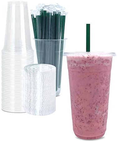 Cappatua 32 oz Clear Plastic Cups with Lids and STRAWS Disposable Drinking Cups for Cold Drinks Iced Coffee Milkshakes Smoothies 25 Sets