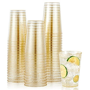 JOLLY CHEF 100 Pack 12 oz Gold Plastic Cups Disposable Gold Cups Heavyduty Party Glasses for Wedding Thanksgiving Christmas Parties