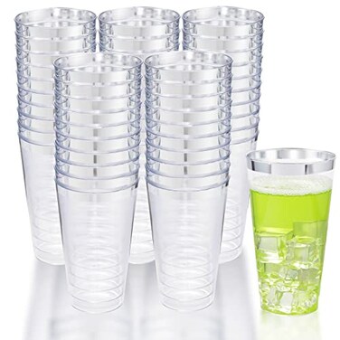 LIYH Love LIYH 100 Pcs 16 oz Silver Plastic Cups Clear Plastic Tumblers with Silver Rim Big Size Fancy Disposable Clear Cups for Party Wedding