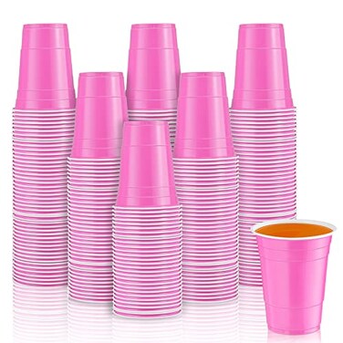 Lounsweer 100 Pcs 16 oz Disposable Party Cups Plastic Heavy Duty Drinking Water Cups for Birthday Baby Shower Wedding BBQ Picnic Party SuppliesPink