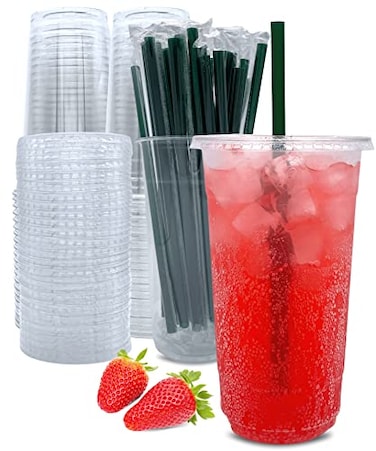 Aatriet 50 Sets 32 oz Clear Plastic Cups with Lids and Straws Disposable Coffee Cups
