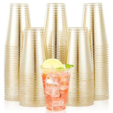 JOLLY CHEF 100 Pack 14 oz Gold Disposable Gold Glitter Plastic Cups Party CupsIdeal for HalloweenThanksgivingChristmas