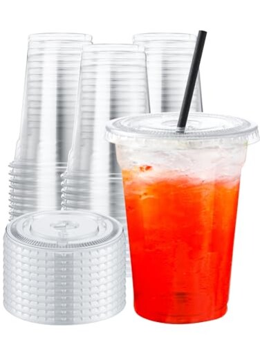 NEEBAKE 150 Sets 9 oz Disposable Plastic Cups With Lids Clear Drinking Cups Plastic Cups for Ice Coffee Smoothie Cold Drinks