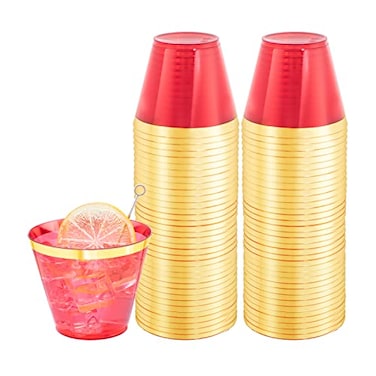 LUODA 150 PCS Red Plastic Cups 9oz Clear Red Disposable Cups with Gold Rim Old Fashioned Tumblers Gold Rimmed Plastic Cups for Any Occasion PartiesBirthday