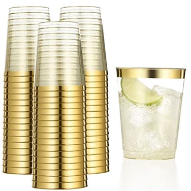 CHATEAU FINE TABLEWARE Gold Plastic Cups 10 Oz Glitter Tumblers With Gold Rim Fancy Disposable Wedding and Elegant Party Cups 100 Count