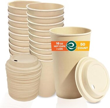 ECO SOUL 50 Pack 16 oz Disposable Coffee Cups with Lids EcoFriendly Biodegradable Compostable Leakfree Sturdy To Go Hot Drink Cup for Tea Chocolate Party Travel Cafe Office Home