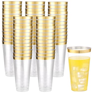 LIYH Love LIYH 100 Pcs Gold Plastic Cups 16 oz Clear and Gold Rim Plastic Wine Cups Big Size Fancy Disposable Party Cup Beverage Drinking Cup for Party Wedding