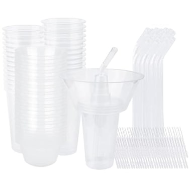 Potomac Collection Snack and Drink Cup 30 Sets Disposable Plastic Cup with Snack Bowl on Top Includes 30 Cups 30 Bowls 30 Straws 60 Forks for Party Stadium Patron and Movie Night